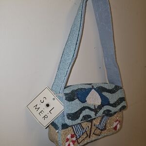 Marshalls Blue and Tan Beaded Shoulder Bag